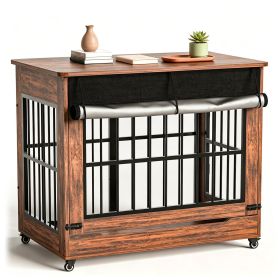 46" Large Dog Crate Furniture, Double Door Wooden Indoor Dog Kennel Furniture (Color: BROWN)