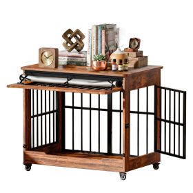38" Dog Crate Furniture, Double Door Wooden Indoor Dog Kennel Furniture, Size L (Color: BROWN)